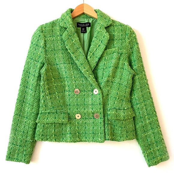 Rachel Zoe Womens Green Tweed Blazer Jacket Size S Boucle Textured Cropped Lined - Picture 2 of 11